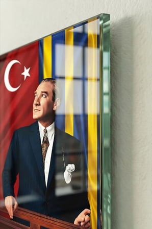 Kırılmaz Cam Tablo 5mm (Kalın) - Ev İşyeri Duvar Dekorasyonu – ATATÜRK – SARI LACİVERT TAKIM - Mustafa Kemal Portre Zarif Klasik Salon Mutfak Temperli UV Baskılı Hediyelik