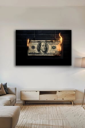3D Modern Tasarım Lüks Yanan Dolar Temperli Dekoratif Cam Tablo | Modern Dekorasyon Temalı Dekoratif Duvar Tablosu, Salon, ev ve ofis dekoru,