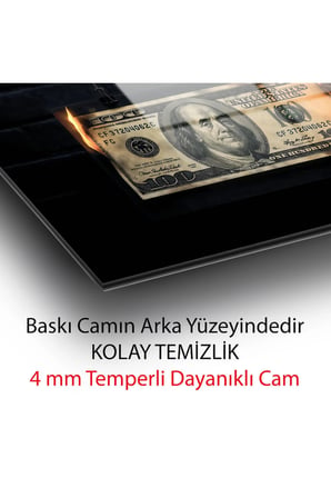 3D Modern Tasarım Lüks Yanan Dolar Temperli Dekoratif Cam Tablo | Modern Dekorasyon Temalı Dekoratif Duvar Tablosu, Salon, ev ve ofis dekoru,