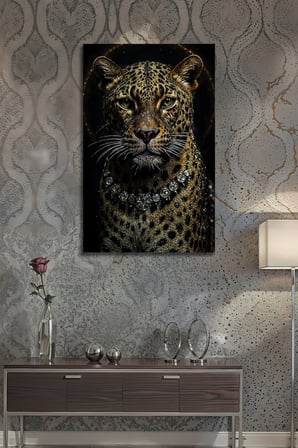 Lüks Dekoratif Cam Tablo Kristal Kolyeli Leopar Desenli Modern Duvar Sanatı | Hayvan Figürlü Dekoratif Duvar Tablosu, Salon, ofis ve çalışma alanı dekoru,
