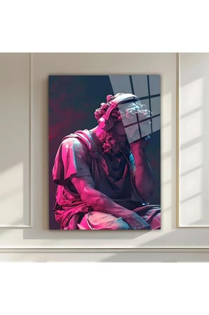 Pop Art Heykel Cam Tablo – Neon Pembe Mavi Renkli Modern Tasarımlı Premium Ev ve Ofis Duvar Dekoru | Modern Dekorasyon Temalı Dekoratif Duvar Tablosu, Salon, ev ve ofis dekoru,
