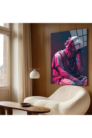 Pop Art Heykel Cam Tablo – Neon Pembe Mavi Renkli Modern Tasarımlı Premium Ev ve Ofis Duvar Dekoru | Modern Dekorasyon Temalı Dekoratif Duvar Tablosu, Salon, ev ve ofis dekoru,