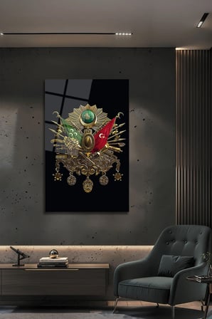Osmanlı Tuğrası Arması Ayyıldızlı Dekoratif Lüks Temperli Cam Duvar Tablosu | Modern Dekorasyon Temalı Dekoratif Cam Tablo, Salon, ev ve ofis dekoru,