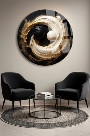 Yin Yang Ulrta Yuvarlak Cam Tablo | Modern Duvar Dekoru | Canlı Renkli Baskı | Salon ve Oturma Odası | Yeni Ev Hediyesi | 4mm Kırılmaz Cam