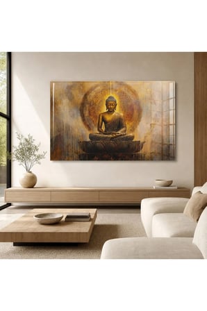 Altın Buddha Cam Tablo | Dekoratif Duvar Tablosu | UV Baskılı Canlı Renkler | Yatak Odası ve Antre | Doğum Günü Hediyesi | 4mm Kırılmaz Cam