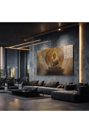 Altın Buddha Cam Tablo | Dekoratif Duvar Tablosu | UV Baskılı Canlı Renkler | Yatak Odası ve Antre | Doğum Günü Hediyesi | 4mm Kırılmaz Cam