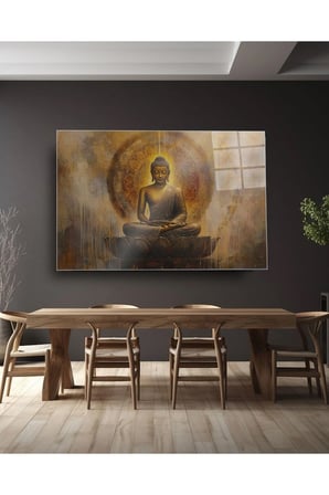 Altın Buddha Cam Tablo | Dekoratif Duvar Tablosu | UV Baskılı Canlı Renkler | Yatak Odası ve Antre | Doğum Günü Hediyesi | 4mm Kırılmaz Cam