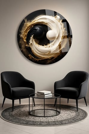 Yin Yang Ulrta Yuvarlak Cam Tablo | Modern Duvar Dekoru | Canlı Renkli Baskı | Salon ve Oturma Odası | Yeni Ev Hediyesi | 4mm Kırılmaz Cam