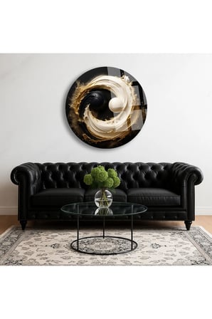 Yin Yang Ulrta Yuvarlak Cam Tablo | Modern Duvar Dekoru | Canlı Renkli Baskı | Salon ve Oturma Odası | Yeni Ev Hediyesi | 4mm Kırılmaz Cam
