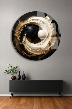 Yin Yang Ulrta Yuvarlak Cam Tablo | Modern Duvar Dekoru | Canlı Renkli Baskı | Salon ve Oturma Odası | Yeni Ev Hediyesi | 4mm Kırılmaz Cam