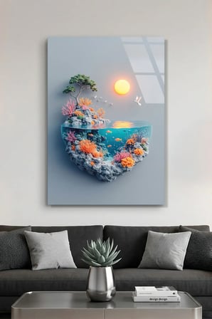 Minimalist Akvaryum ve Mercan Kayalıkları Deniz Altı Yaşam Cam Tablo | Deniz Temalı Dekoratif Duvar Tablosu, Salon, ofis ve yazlık dekoru,