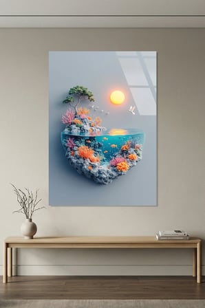 Minimalist Akvaryum ve Mercan Kayalıkları Deniz Altı Yaşam Cam Tablo | Deniz Temalı Dekoratif Duvar Tablosu, Salon, ofis ve yazlık dekoru,