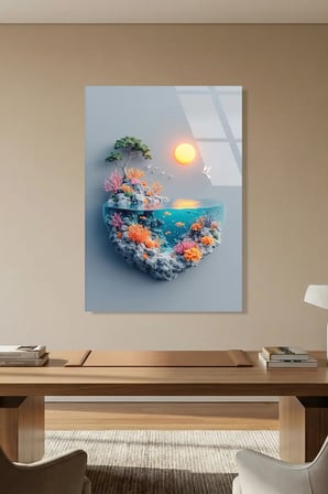 Minimalist Akvaryum ve Mercan Kayalıkları Deniz Altı Yaşam Cam Tablo | Deniz Temalı Dekoratif Duvar Tablosu, Salon, ofis ve yazlık dekoru,