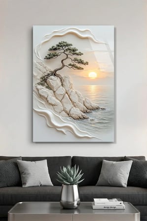 Falez Kenarı Bonsai Ağacı Gün Batımı Yağlı Boya Dokulu Cam Tablo | Modern Dekorasyon Temalı Dekoratif Duvar Tablosu, Salon, ev ve ofis dekoru,