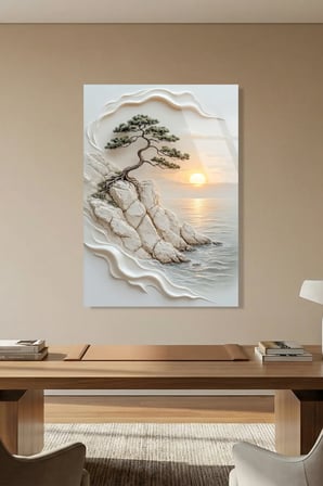 Falez Kenarı Bonsai Ağacı Gün Batımı Yağlı Boya Dokulu Cam Tablo | Modern Dekorasyon Temalı Dekoratif Duvar Tablosu, Salon, ev ve ofis dekoru,
