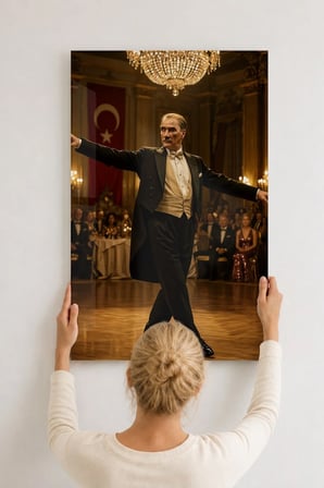 Koyu Kırmızı Türk Bayraklı Atatürk Balo Salonu Cam Tablosu Ofis Duvar Dekoru