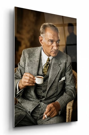 Türk Kahvesi Tutan Atatürk Portresi Cam Tablo Salon Ofis Duvar Dekoru