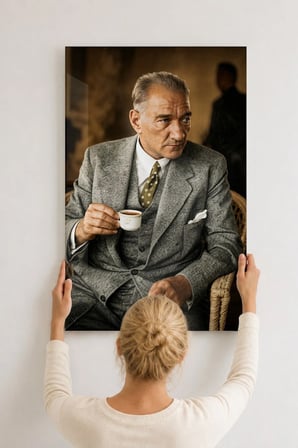 Türk Kahvesi Tutan Atatürk Portresi Cam Tablo Salon Ofis Duvar Dekoru