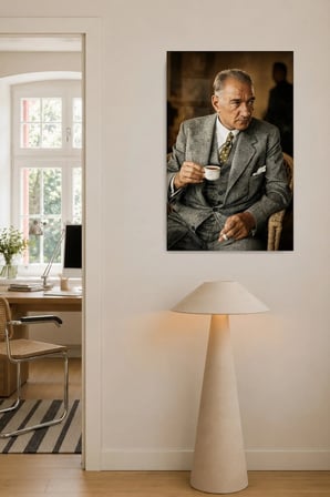 Türk Kahvesi Tutan Atatürk Portresi Cam Tablo Salon Ofis Duvar Dekoru