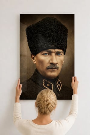 Mavi Gözlü Atatürk Portresi Cam Duvar Tablosu Cam Tablo Salon Ofis Duvar Dekoru