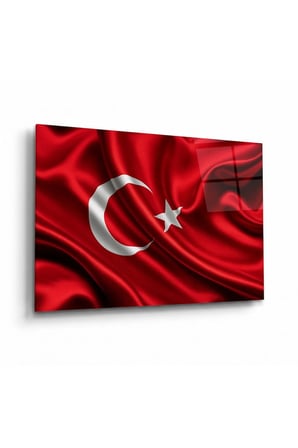 Koyu Kırmızı Saten Üzerinde Türk Bayrağı Cam Tablo Salon Ofis Duvar Dekoru