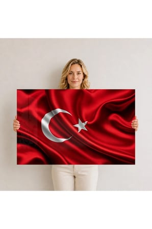 Koyu Kırmızı Saten Üzerinde Türk Bayrağı Cam Tablo Salon Ofis Duvar Dekoru