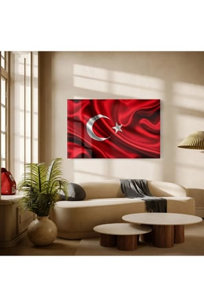 Koyu Kırmızı Saten Üzerinde Türk Bayrağı Cam Tablo Salon Ofis Duvar Dekoru