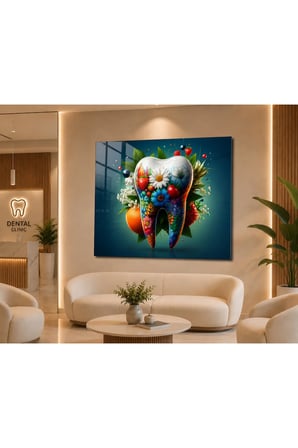 Diş Anatomisi Çiçek Temalı 4 MM Temperli Cam Tablo | Diş Kliniği Dekoratif UV Baskı Dental Duvar Tablosu