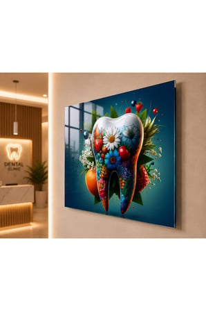 Diş Anatomisi Çiçek Temalı 4 MM Temperli Cam Tablo | Diş Kliniği Dekoratif UV Baskı Dental Duvar Tablosu