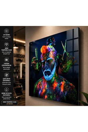 Kuaför Konseptli Cam Tablo – 4 mm Temperli Cam UV Baskı Berber Salonu Dekoratif Duvar Tablosu HD Baskı