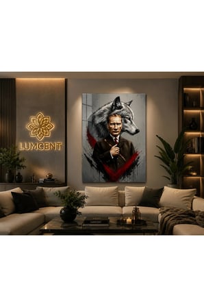 Premium 4 mm Temperli Cam UV Baskı Mustafa Kemal Atatürk ve Bozkurt Temalı Dekoratif Cam Duvar Tablosu | Modern Salon, Ofis ve Makam Odası Dekoru