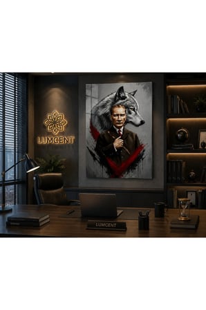 Premium 4 mm Temperli Cam UV Baskı Mustafa Kemal Atatürk ve Bozkurt Temalı Dekoratif Cam Duvar Tablosu | Modern Salon, Ofis ve Makam Odası Dekoru