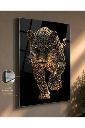 Kristal Leopar Cam Tablo – 4 mm Temperli UV Baskılı Siyah Gold Modern Dekoratif Duvar Tablosu | Salon ve Ofis Dekoru