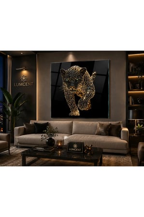 Kristal Leopar Cam Tablo – 4 mm Temperli UV Baskılı Siyah Gold Modern Dekoratif Duvar Tablosu | Salon ve Ofis Dekoru