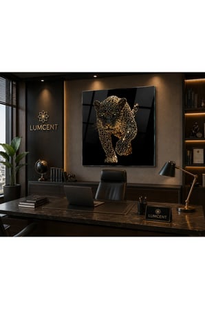 Kristal Leopar Cam Tablo – 4 mm Temperli UV Baskılı Siyah Gold Modern Dekoratif Duvar Tablosu | Salon ve Ofis Dekoru