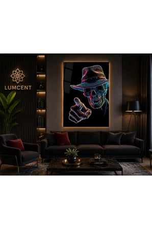 Premium 4 mm Temperli Cam UV Baskı Neon Skull (Kuru Kafa) Duvar Tablosu | Modern Dijital Sanat | Gaming, Ofis, Bar ve Salon Dekoru