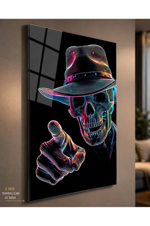 Premium 4 mm Temperli Cam UV Baskı Neon Skull (Kuru Kafa) Duvar Tablosu | Modern Dijital Sanat | Gaming, Ofis, Bar ve Salon Dekoru