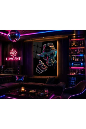 Premium 4 mm Temperli Cam UV Baskı Neon Skull (Kuru Kafa) Duvar Tablosu | Modern Dijital Sanat | Gaming, Ofis, Bar ve Salon Dekoru