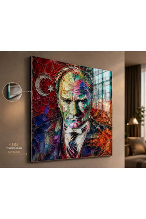 Premium 4 mm Temperli Cam UV Baskı Atatürk Portresi Duvar Tablosu | Modern Renkli Sanatsal Cam Tablo | Salon, Ofis ve Makam Odası Dekoru