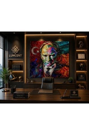 Premium 4 mm Temperli Cam UV Baskı Atatürk Portresi Duvar Tablosu | Modern Renkli Sanatsal Cam Tablo | Salon, Ofis ve Makam Odası Dekoru