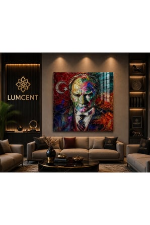 Premium 4 mm Temperli Cam UV Baskı Atatürk Portresi Duvar Tablosu | Modern Renkli Sanatsal Cam Tablo | Salon, Ofis ve Makam Odası Dekoru
