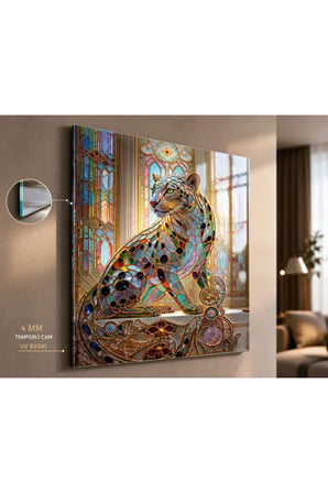 Renkli Vitray Leopar Cam Tablo – 4 mm Temperli UV Baskılı Dekoratif Duvar Tablosu | Modern Sanat Koleksiyonu