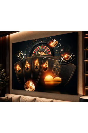 Poker & Rulet Temalı 4 MM Temperli Cam Tablo | Casino Konsept Dekoratif Duvar Tablosu | Modern Salon, Ofis ve Oyun Odası Dekoru