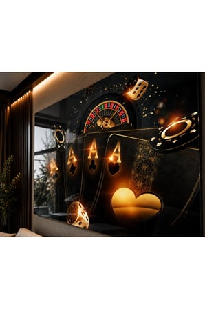 Poker & Rulet Temalı 4 MM Temperli Cam Tablo | Casino Konsept Dekoratif Duvar Tablosu | Modern Salon, Ofis ve Oyun Odası Dekoru