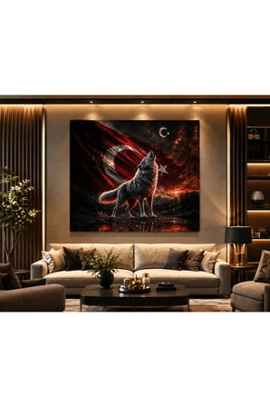 Ay Yıldızlı Uluyan Kurt 3d cam tablo