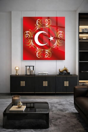 Türk Bayrağı Ay Yıldız Gold Osmanlı Cam Tablo | Modern Sanat Tablosu | UV Baskılı Canlı Renkler | Yatak Odası ve Antre | Anlamlı Hediye Seçeneği