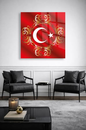 Türk Bayrağı Ay Yıldız Gold Osmanlı Cam Tablo | Modern Sanat Tablosu | UV Baskılı Canlı Renkler | Yatak Odası ve Antre | Anlamlı Hediye Seçeneği