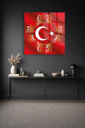Türk Bayrağı Ay Yıldız Gold Osmanlı Cam Tablo | Modern Sanat Tablosu | UV Baskılı Canlı Renkler | Yatak Odası ve Antre | Anlamlı Hediye Seçeneği