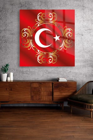 Türk Bayrağı Ay Yıldız Gold Osmanlı Cam Tablo | Modern Sanat Tablosu | UV Baskılı Canlı Renkler | Yatak Odası ve Antre | Anlamlı Hediye Seçeneği