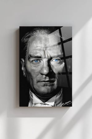 Atatürk Siyah Beyaz Kırılmaz Cam Tablo - Mustafa Kemal Portre Temperli Duvar Dekorasyonu Klasik Yatak Odası Salon Antre UV Baskılı